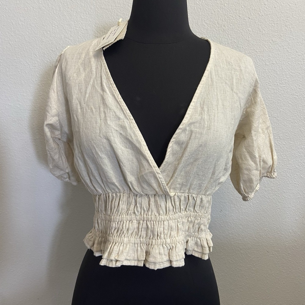 Sim & Sam Cropped Top Puff Sleeves Linen Blend Sz Small Cottage Core Peasant New